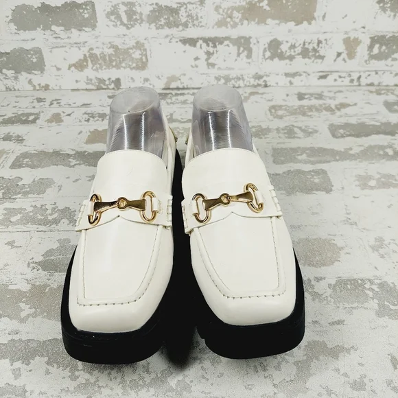 NEW Nordstrom Open Edit White Faux Patent Gold Chunky Academia Loafers C433 - Picture 3 of 14